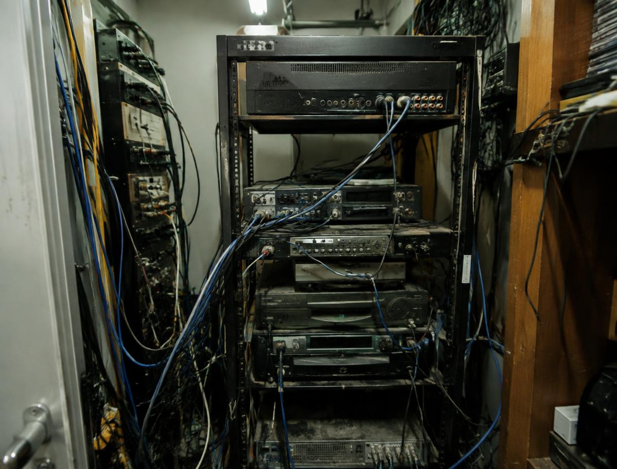 Tangled, unlabeled equipment rack