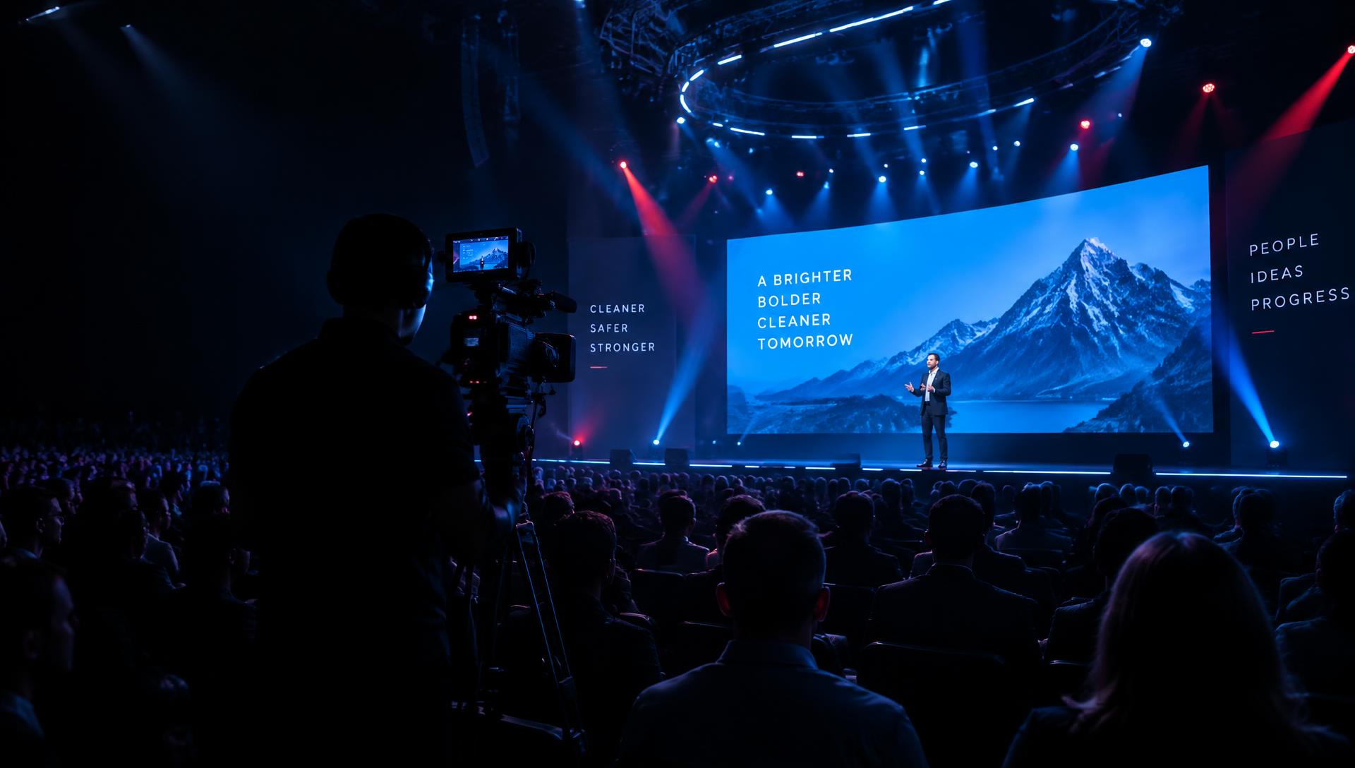Auditorium stage with blue and red lights, an LED screen and a broadcast camera