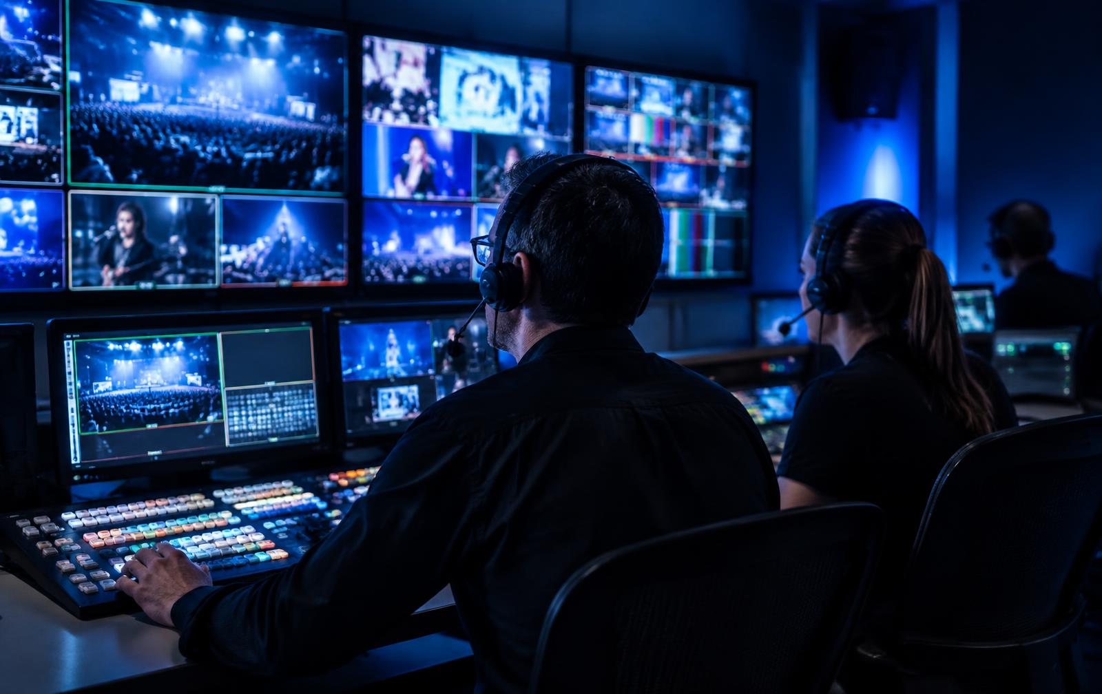 Broadcast control room team at a video switcher