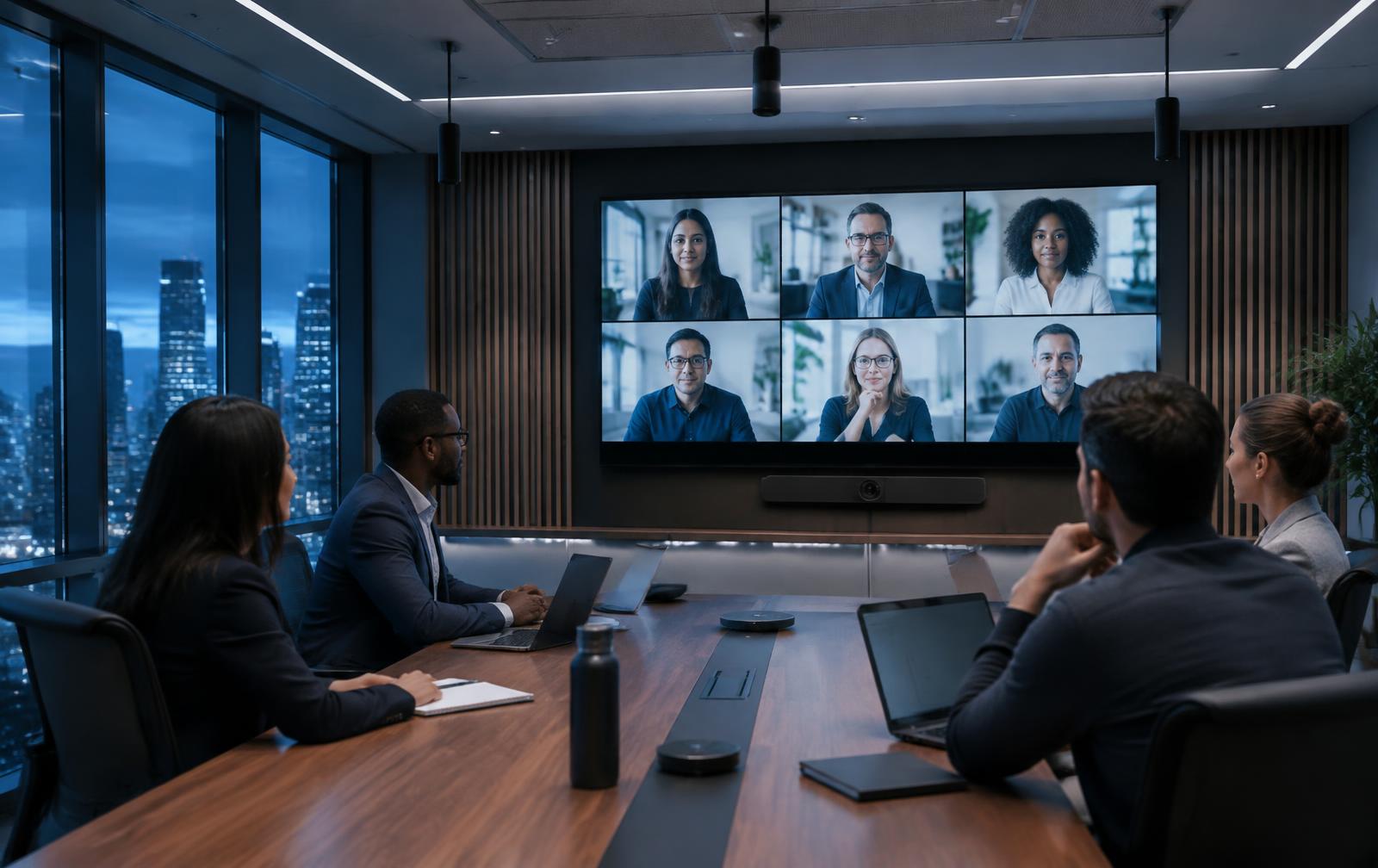 Team in a boardroom on a hybrid video call shown on a large wall display