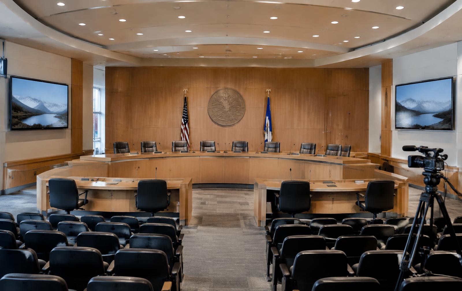 City council chambers with dais microphones, side displays and a broadcast camera