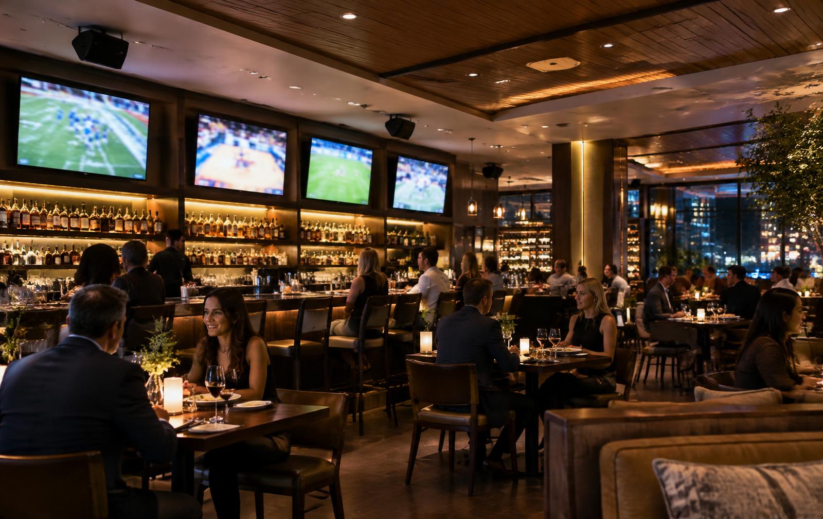 Restaurant bar with several displays and ceiling speakers during dinner service