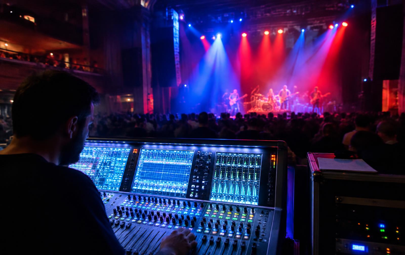 Front-of-house engineer mixing a live concert under red and blue stage lights