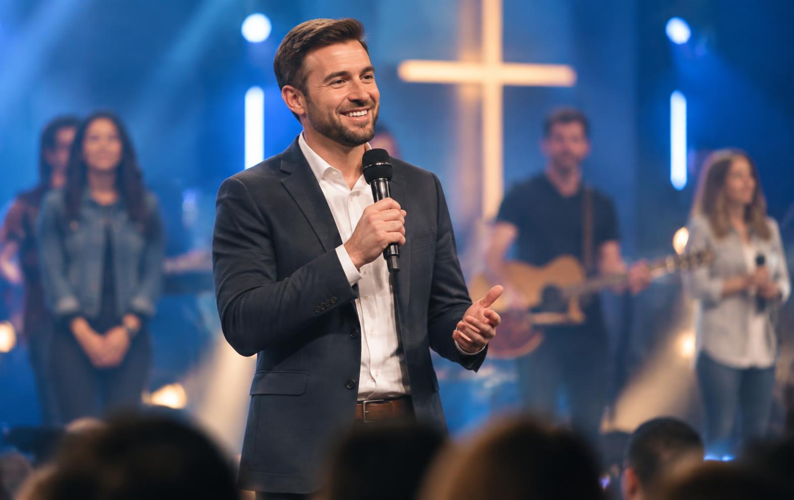 Pastor smiling on stage holding a microphone with the worship team behind