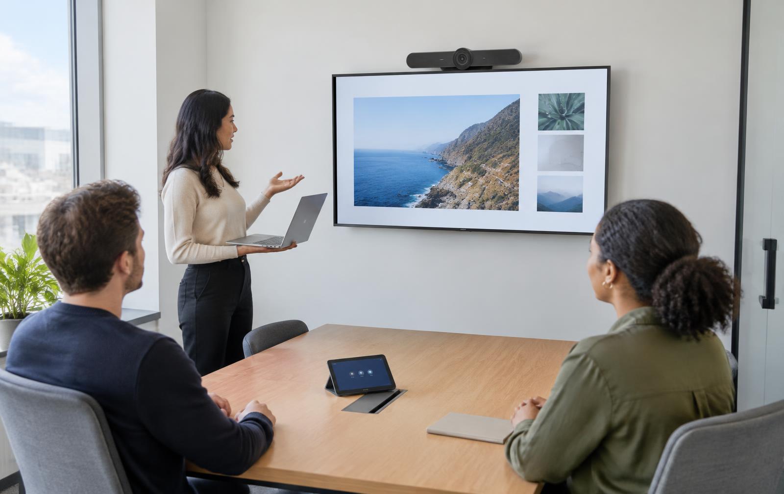 Presenter sharing a laptop to a wall display in a small meeting room with a video bar camera