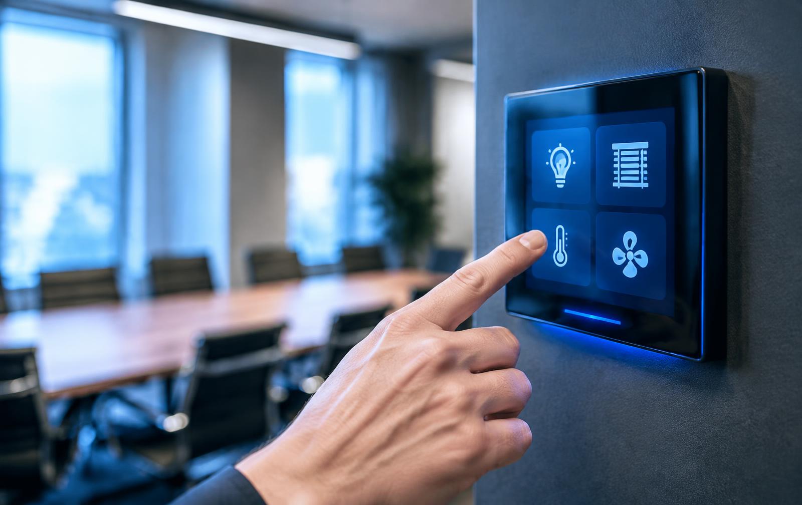 Hand pressing a simple wall-mounted room control touch panel