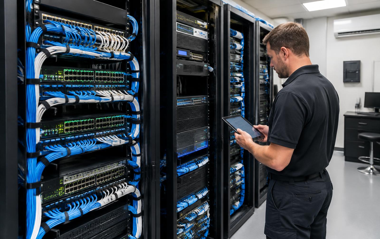 Neatly cabled, documented equipment racks being reviewed