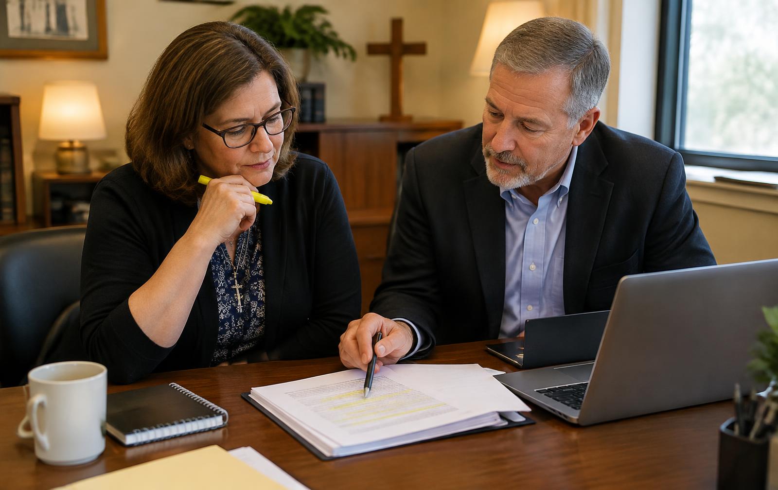 Administrator and consultant reviewing a highlighted contractor proposal together