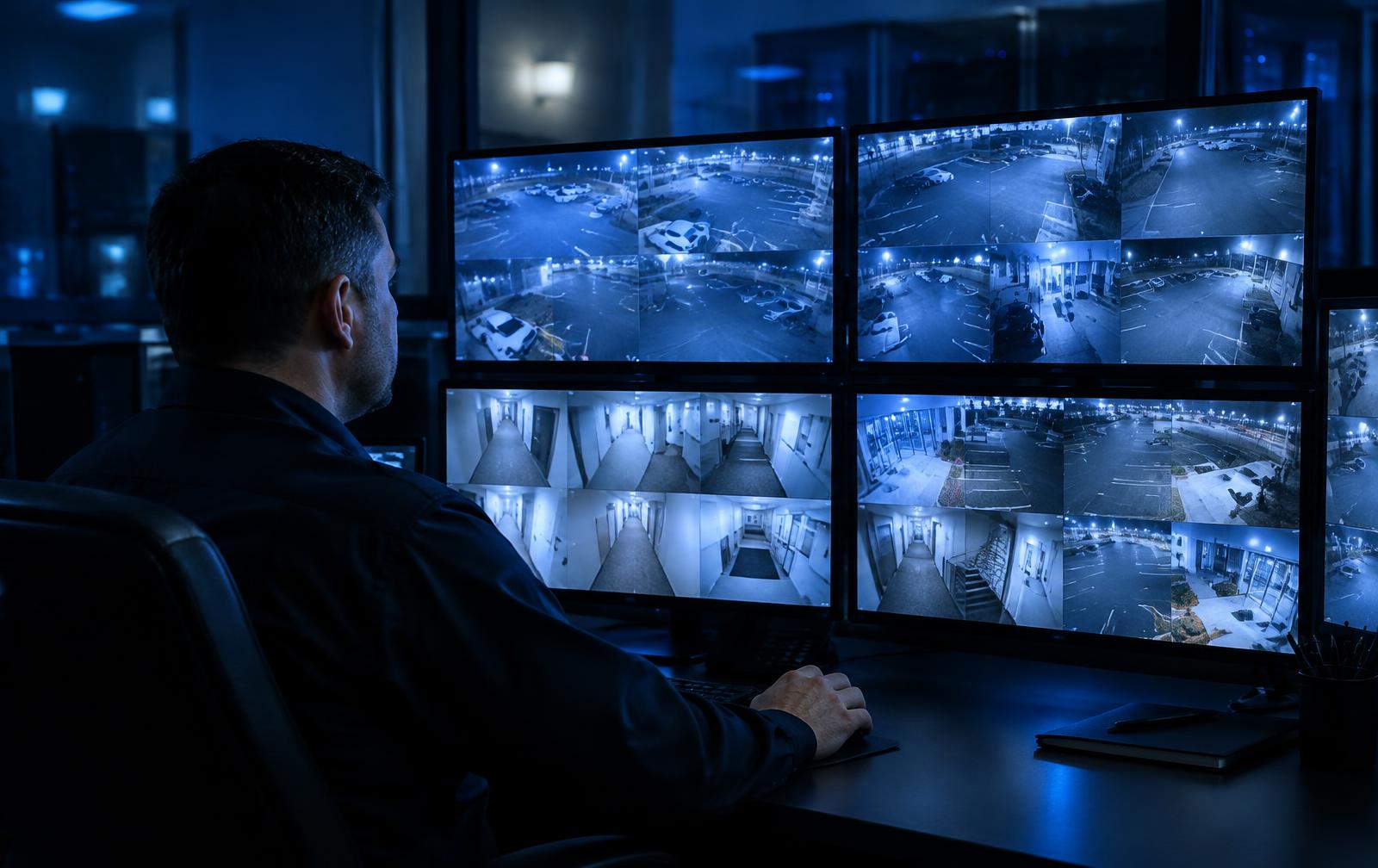 Facility manager reviewing a grid of security camera feeds on several monitors