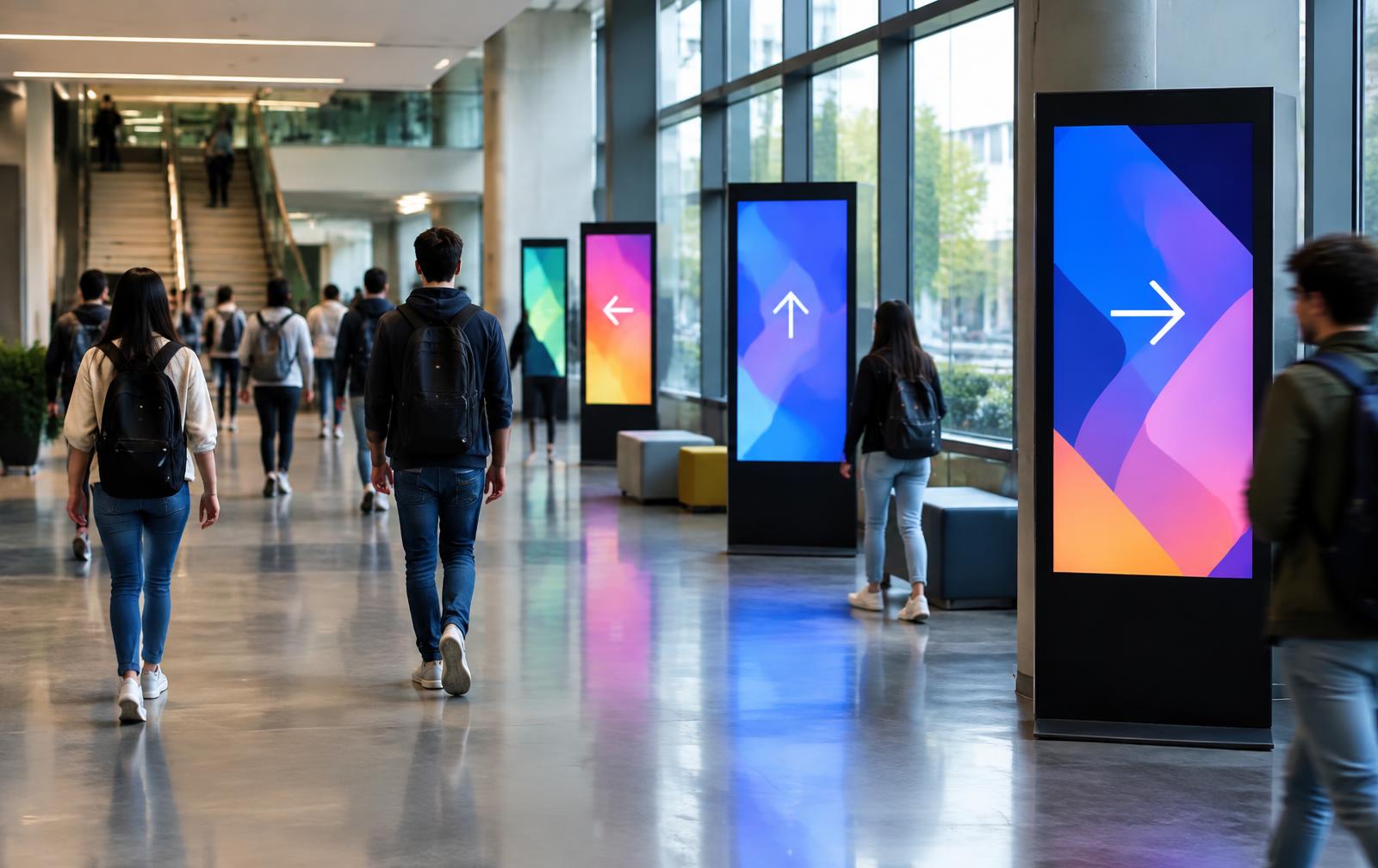 Vertical digital signage displays with wayfinding arrows in a busy campus hallway