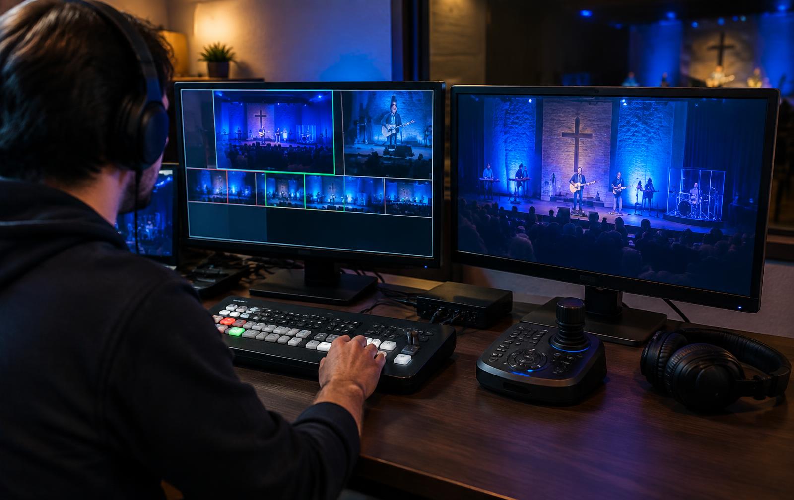 Volunteer operating a video switcher for a church livestream with camera views on monitors