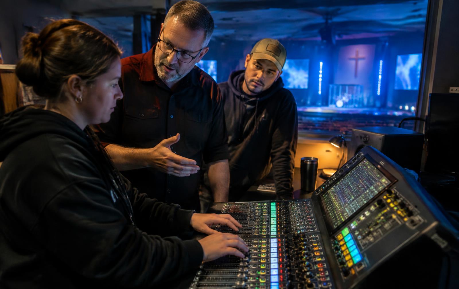 Volunteers learning a mixing console