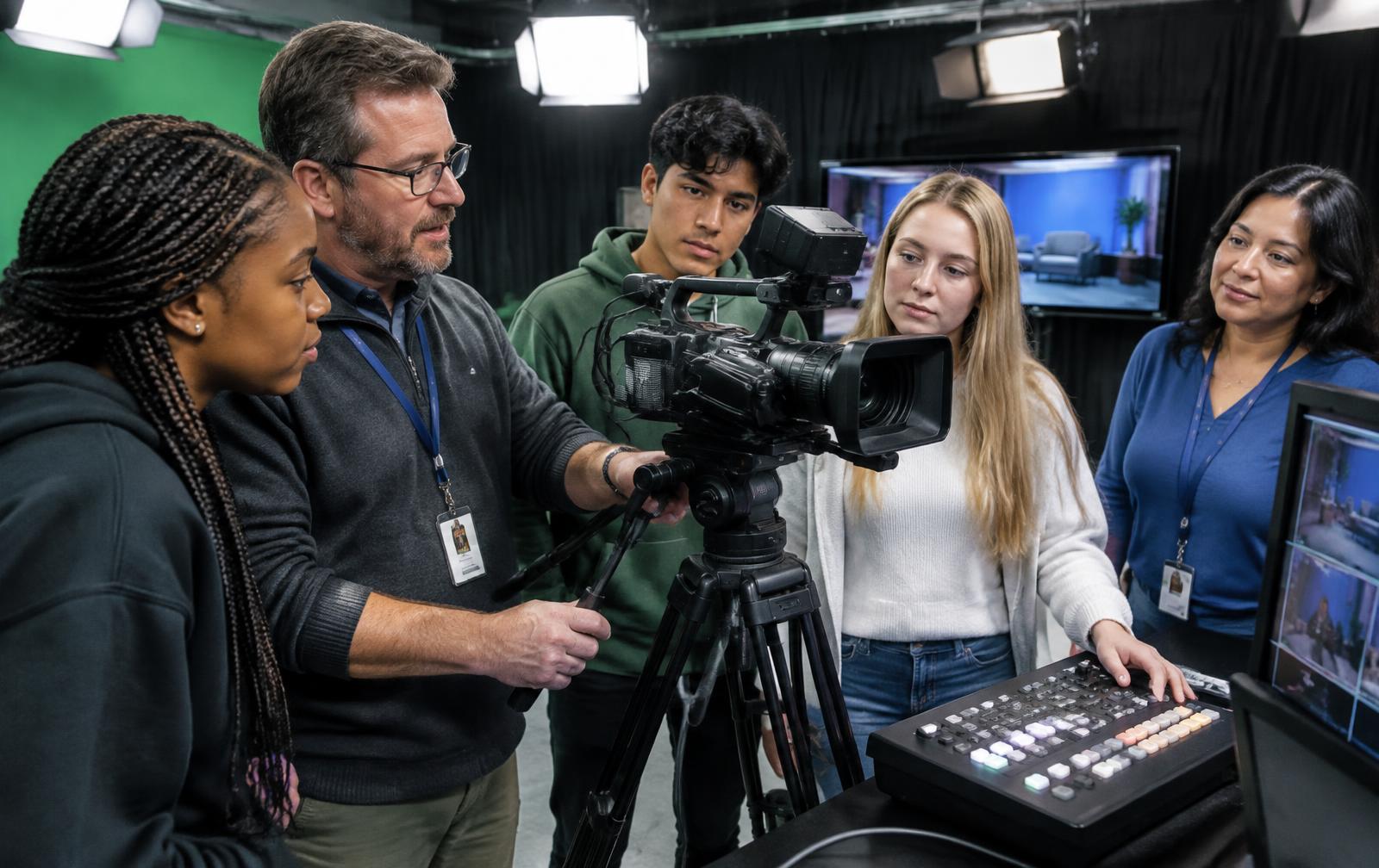 Instructor teaching students and a teacher to run a studio camera